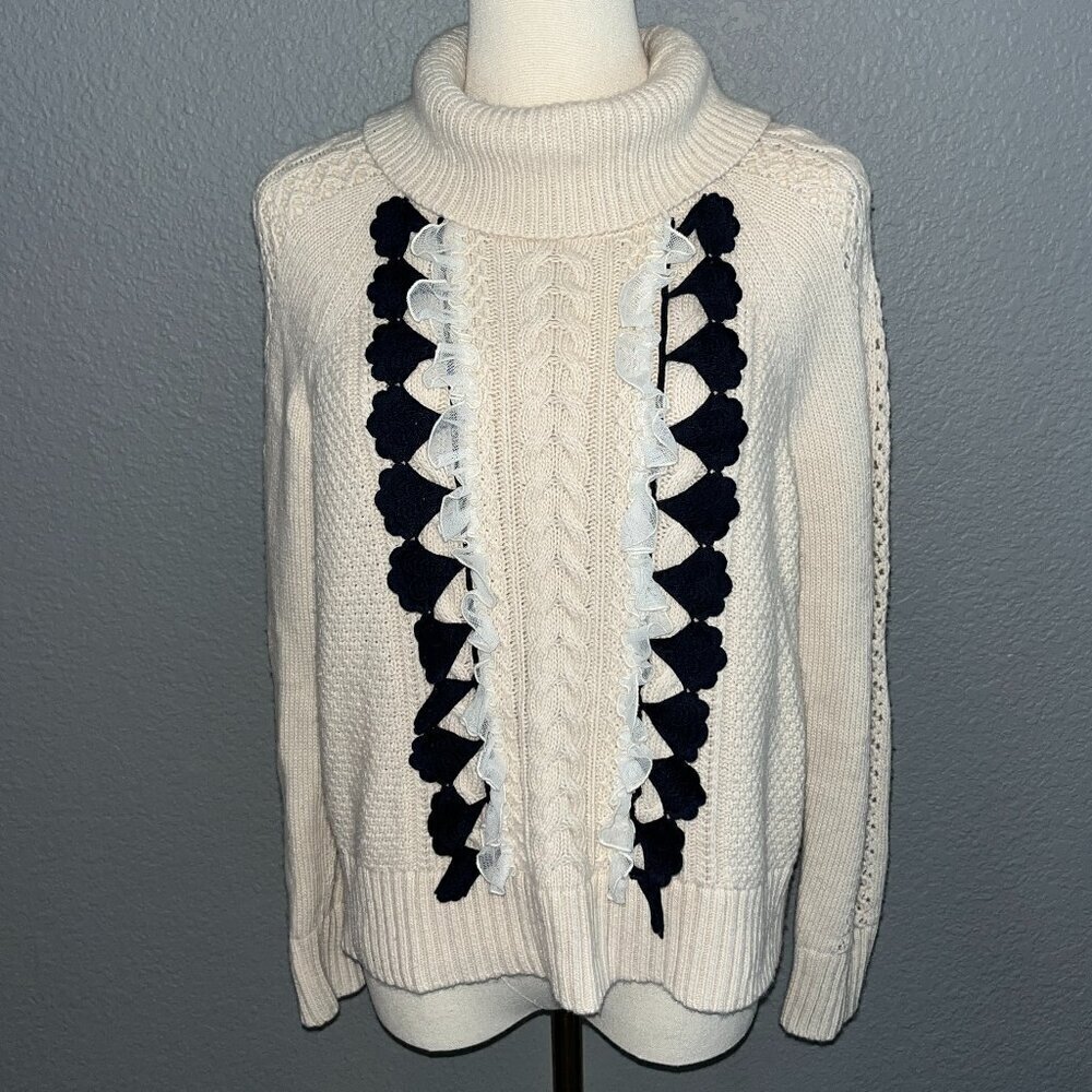 J CREW Cowl Neck Wool Blend Cable Sweater Embellished with Navy & Cream Lace - S